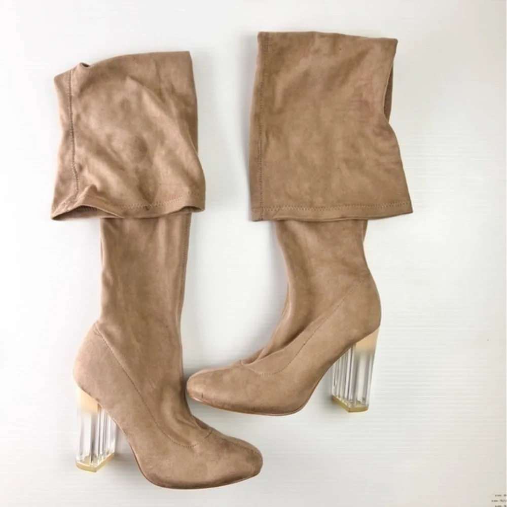 Truffle Collection Boots womens 8.5 Tan Knee High Theda Clear Heel Pull On